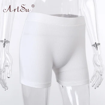 ArtSu `Sexy Vysoký Pás Elastickej Bielej List Tlač Šortky 2020 Lete Ženy Slim Pletený Rebrovaný Minimalistický Šortky Streetwear